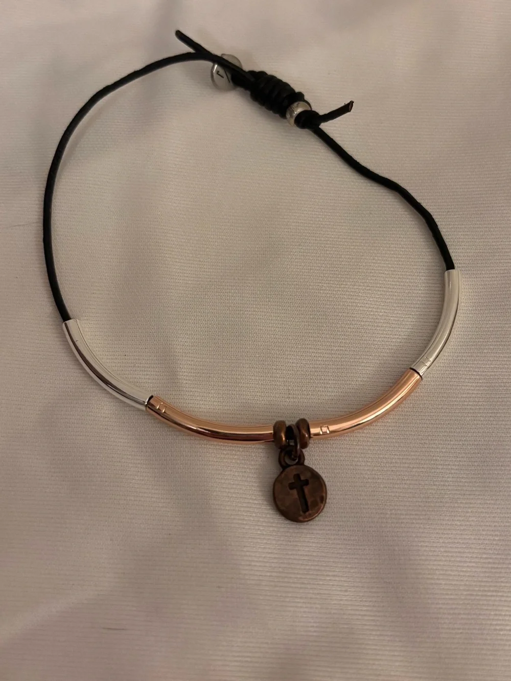 Mixed Metal Cross Cord Bracelet in Rose Gold & Silver